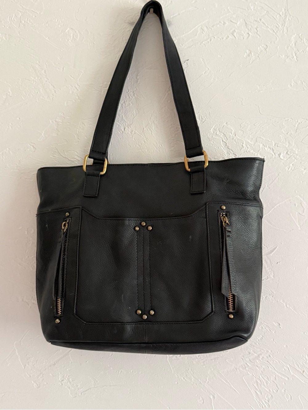 Great American Leather Works Black Leather Tote Bag with Zipper Accents and Stud
